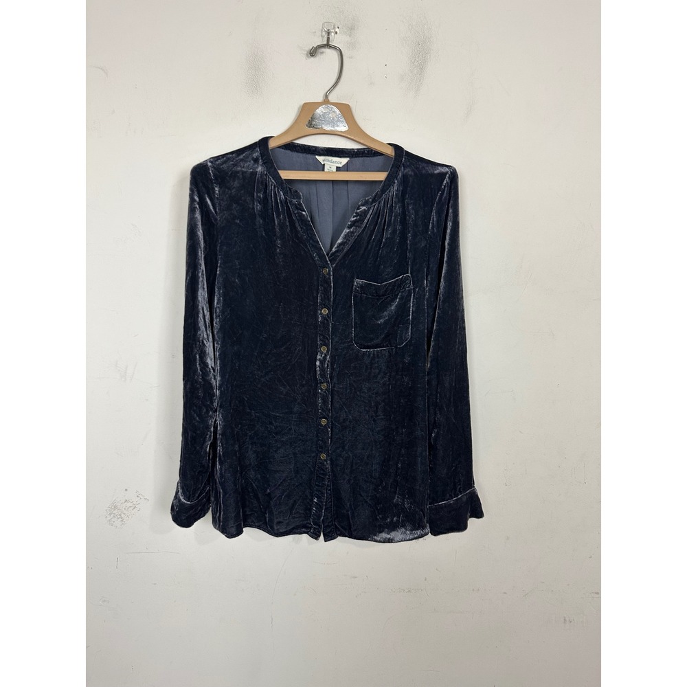 Sundance Navy Blue Crushed Velvet Rayon Silk Blend Button Down Blouse Medium
